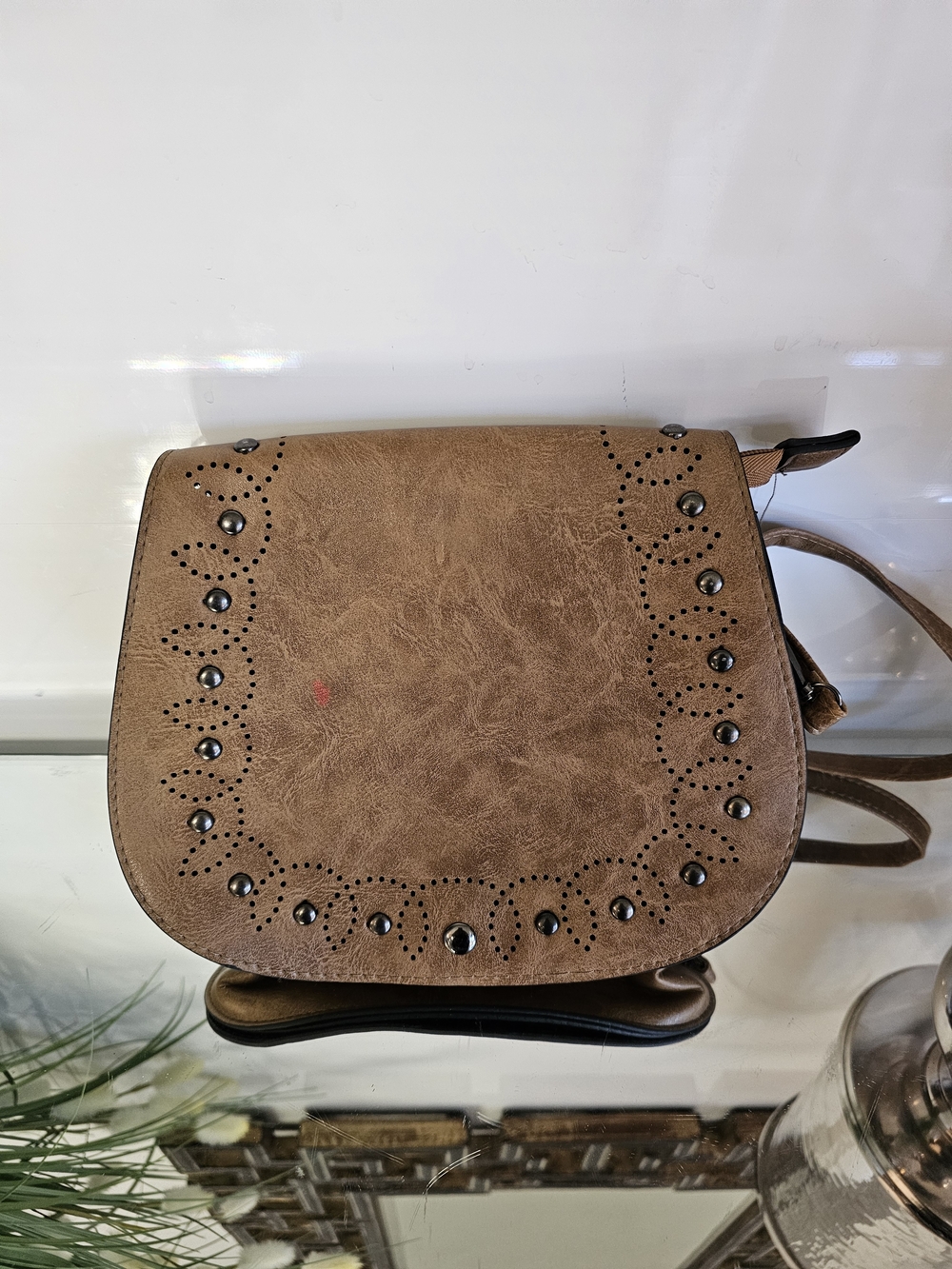 Classic Brown Studded Saddle Crossbody Bag - Brand Unspecified